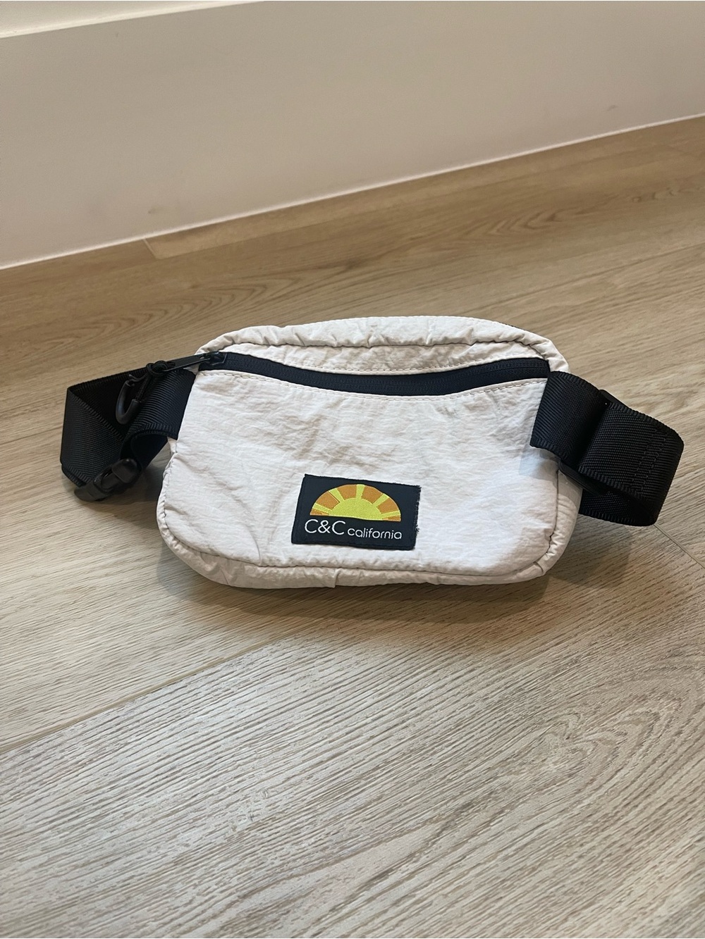 C&C California Cream Mini Belt Bag with Black Strap and Sun Logo